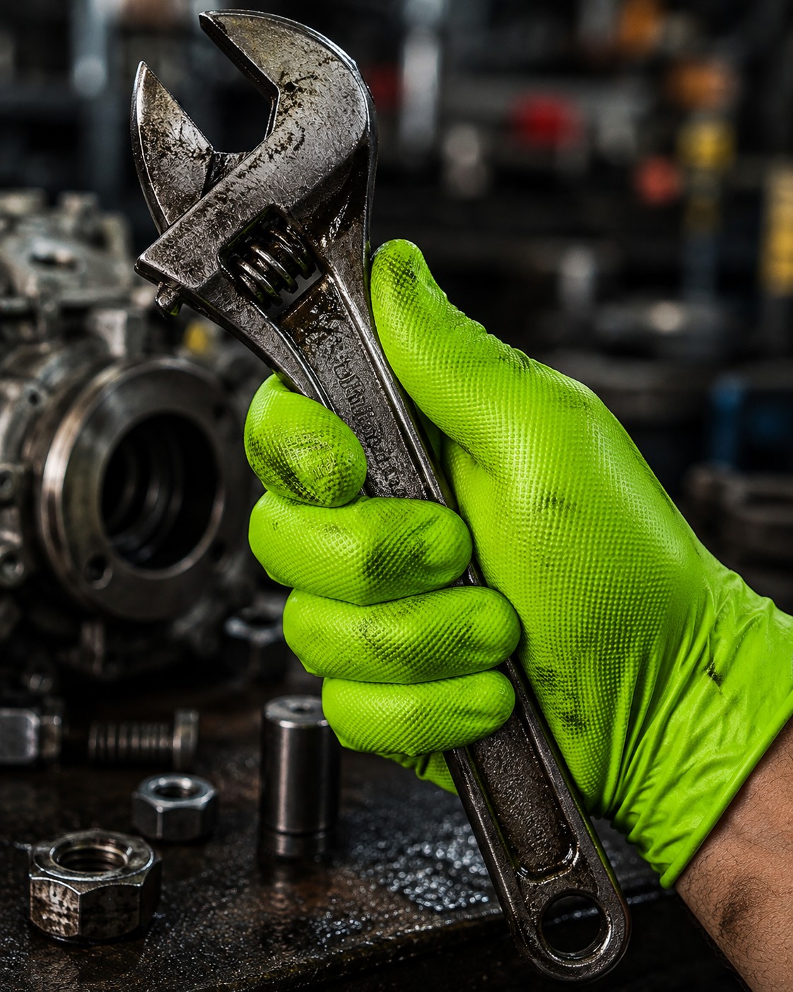 Green textured nitrile glove gripping a wrench in a workshop